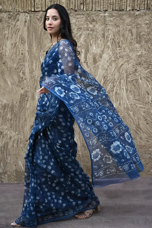 The ICH Sanganer Summers : Hand Block Printed Kota Doria Saree - Indigo Roses