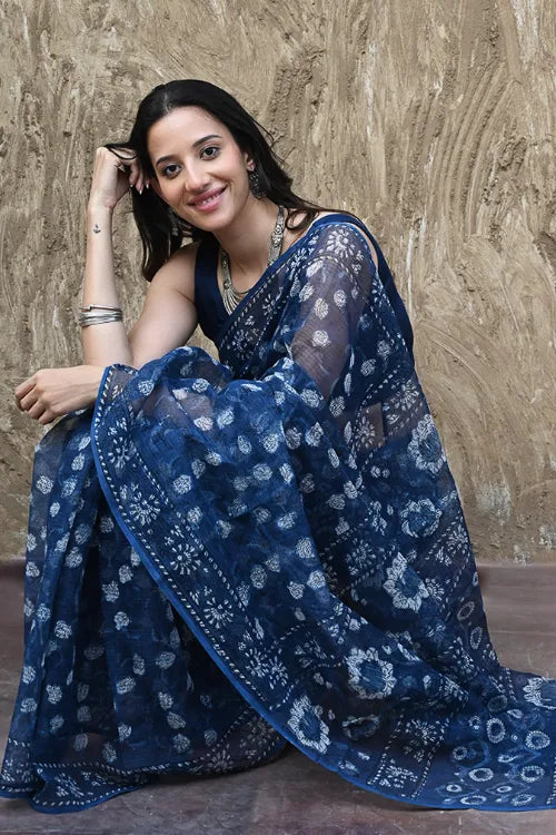 The ICH Sanganer Summers : Hand Block Printed Kota Doria Saree - Indigo Roses