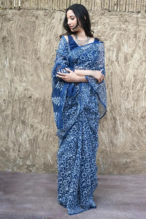 The ICH Sanganer Summers : Hand Block Printed Kota Doria Saree - Indigo Kairi