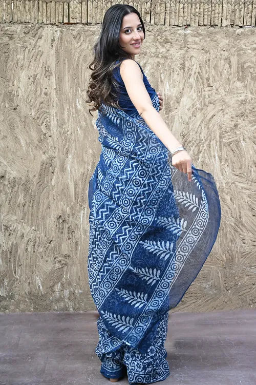 The ICH Sanganer Summers : Hand Block Printed Kota Doria Saree - Indigo Kairi