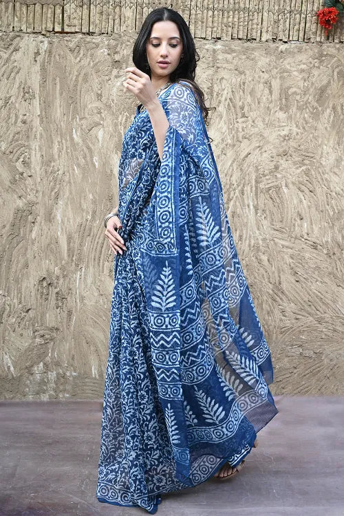 The ICH Sanganer Summers : Hand Block Printed Kota Doria Saree - Indigo Kairi