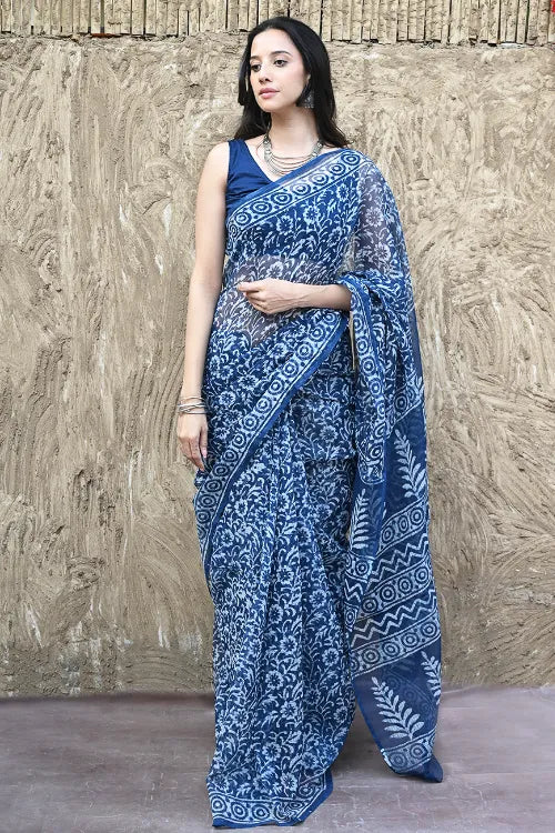 The ICH Sanganer Summers : Hand Block Printed Kota Doria Saree - Indigo Kairi