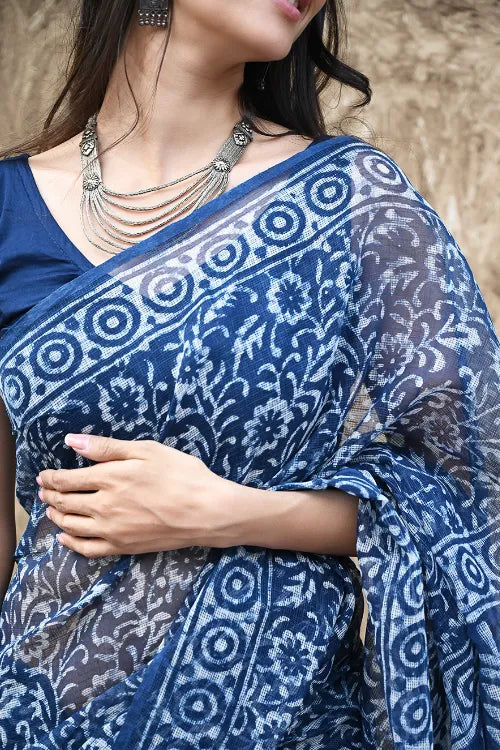 The ICH Sanganer Summers : Hand Block Printed Kota Doria Saree - Indigo Kairi