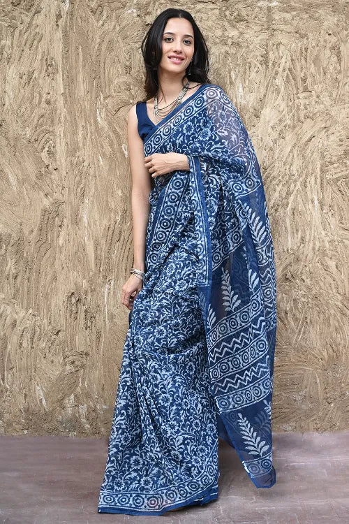 The ICH Sanganer Summers : Hand Block Printed Kota Doria Saree - Indigo Kairi