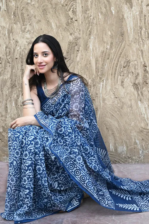 The ICH Sanganer Summers : Hand Block Printed Kota Doria Saree - Indigo Kairi