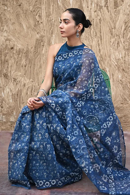 The ICH Sanganer Summers : Hand Block Printed Kota Doria Saree - Indigo Bouquet