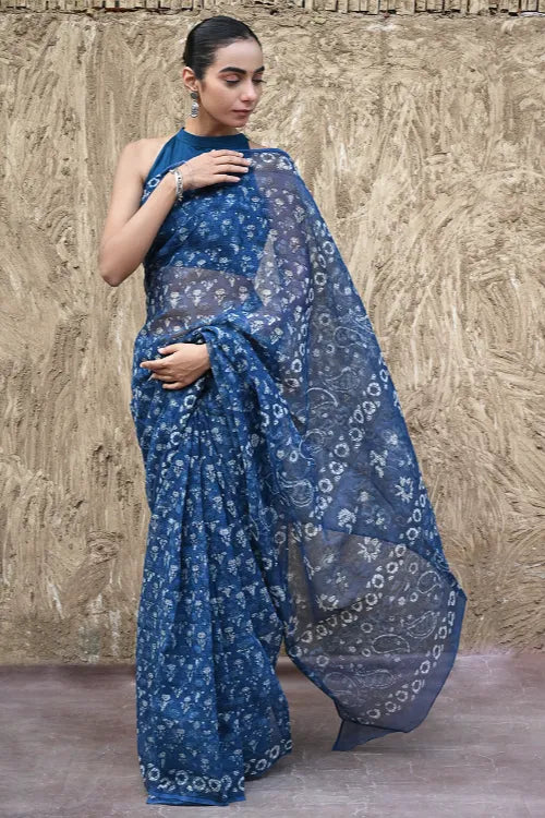 The ICH Sanganer Summers : Hand Block Printed Kota Doria Saree - Indigo Bouquet