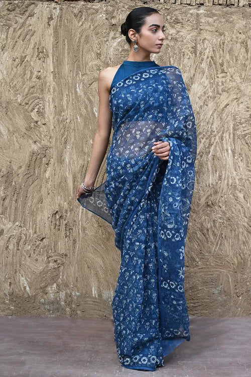 The ICH Sanganer Summers : Hand Block Printed Kota Doria Saree - Indigo Bouquet
