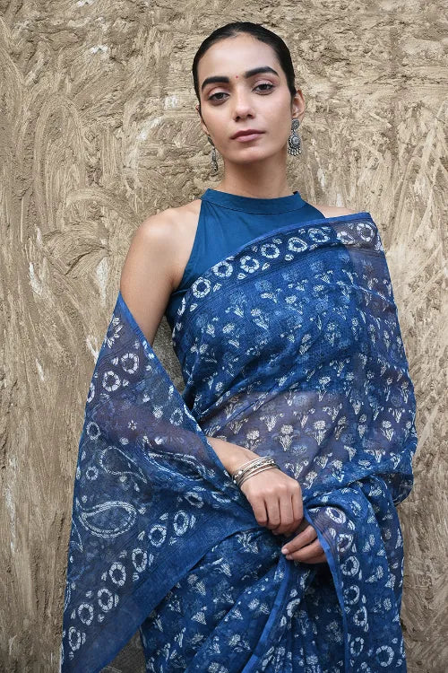 The ICH Sanganer Summers : Hand Block Printed Kota Doria Saree - Indigo Bouquet