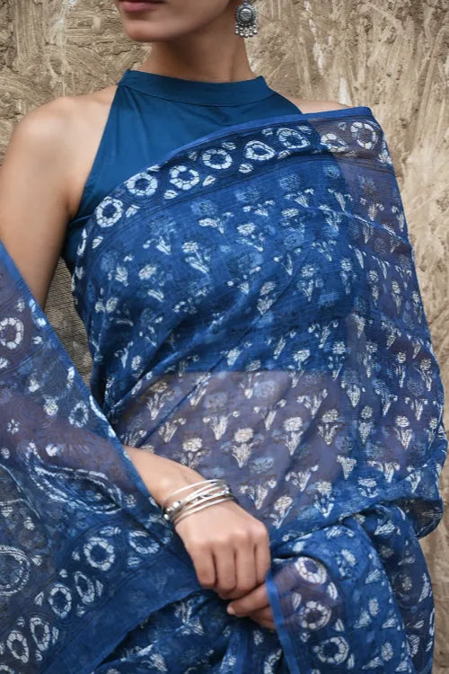The ICH Sanganer Summers : Hand Block Printed Kota Doria Saree - Indigo Bouquet