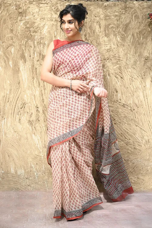 Bagru Statements : Hand Block Printed Kota Doria Saree - Rust Butis