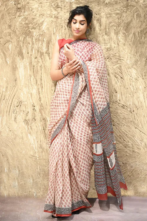 Bagru Statements : Hand Block Printed Kota Doria Saree - Rust Butis