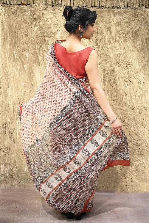 Bagru Statements : Hand Block Printed Kota Doria Saree - Rust Butis