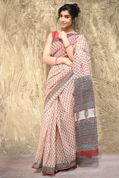 Bagru Statements : Hand Block Printed Kota Doria Saree - Rust Butis