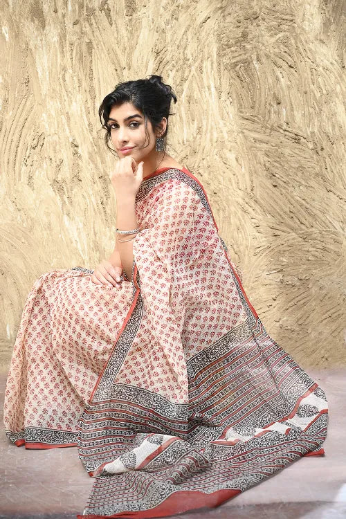 Bagru Statements : Hand Block Printed Kota Doria Saree - Rust Butis
