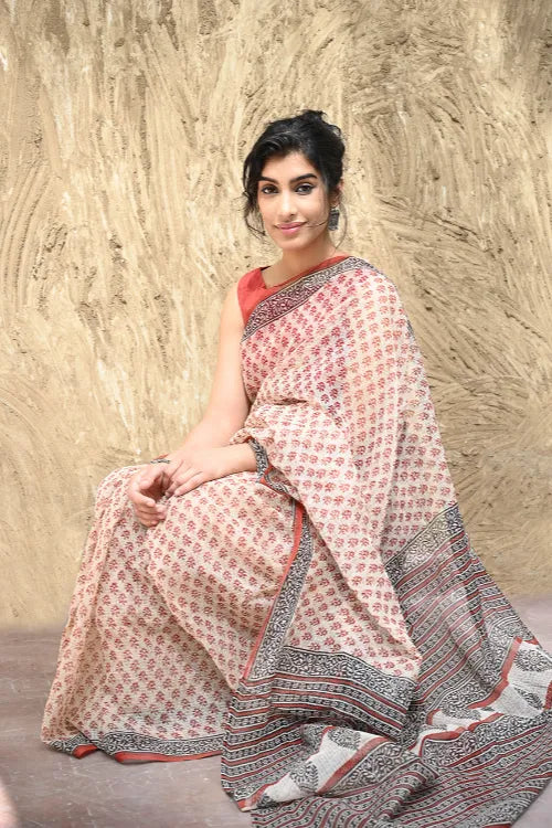 Bagru Statements : Hand Block Printed Kota Doria Saree - Rust Butis