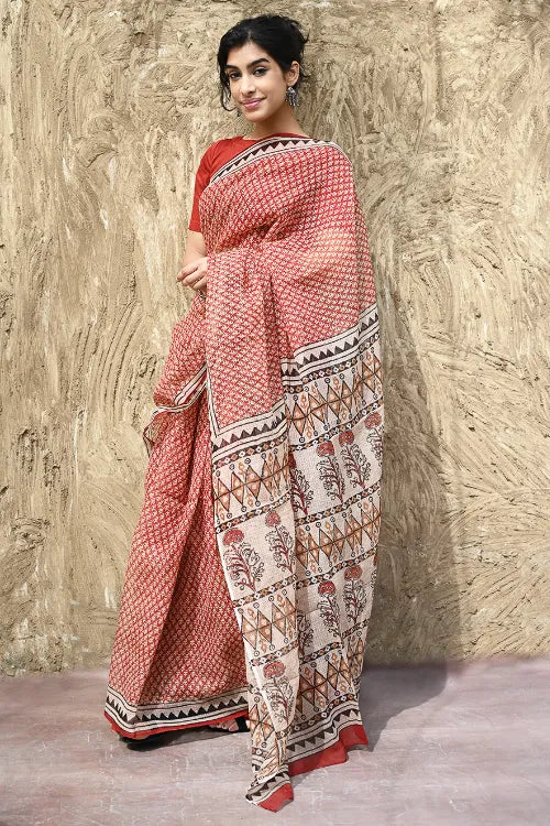 Bagru Statements : Hand Block Printed Kota Doria Saree - Mitti Riwaayat
