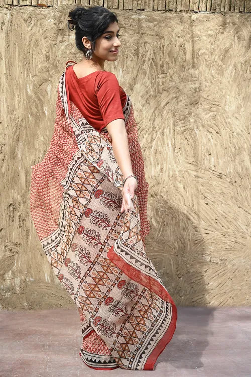 Bagru Statements : Hand Block Printed Kota Doria Saree - Mitti Riwaayat