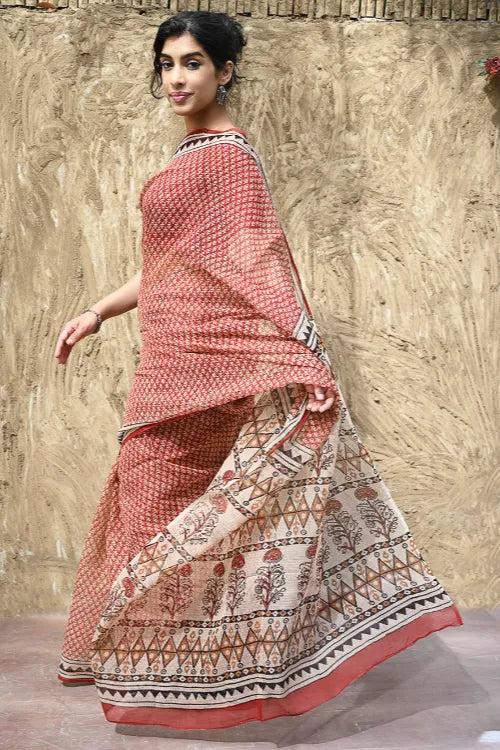 Bagru Statements : Hand Block Printed Kota Doria Saree - Mitti Riwaayat