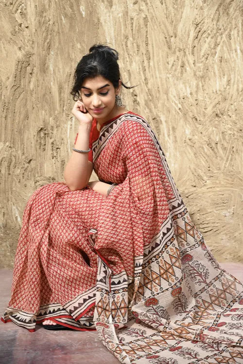 Bagru Statements : Hand Block Printed Kota Doria Saree - Mitti Riwaayat