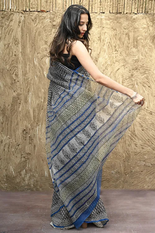Bagru Statements : Hand Block Printed Kota Doria Saree - Blue Fence