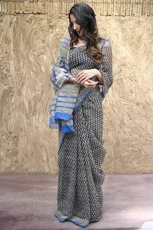 Bagru Statements : Hand Block Printed Kota Doria Saree - Blue Fence