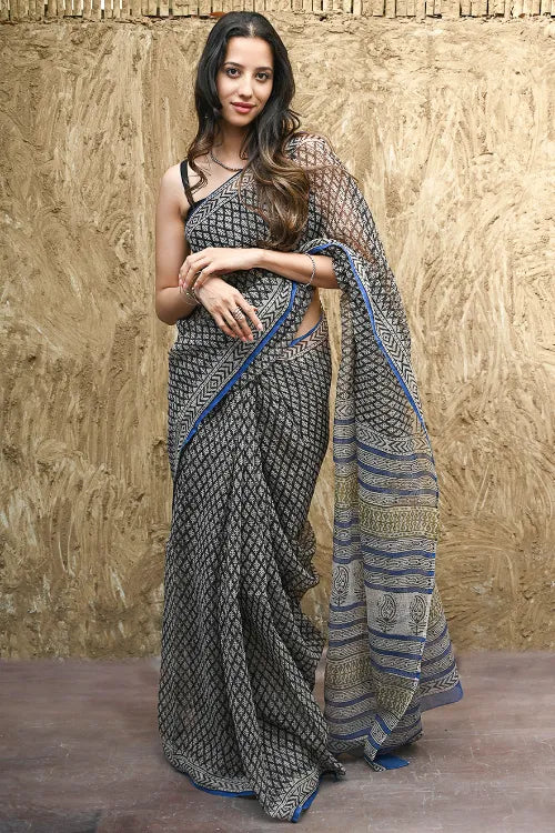 Bagru Statements : Hand Block Printed Kota Doria Saree - Blue Fence