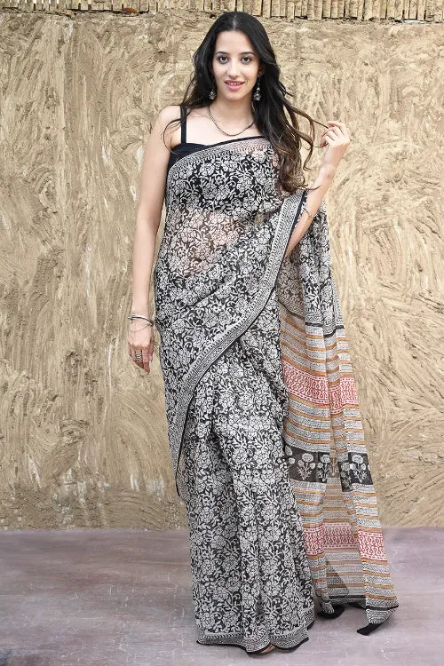 Bagru Statements : Hand Block Printed Kota Doria Saree - Bagh-E-Rust