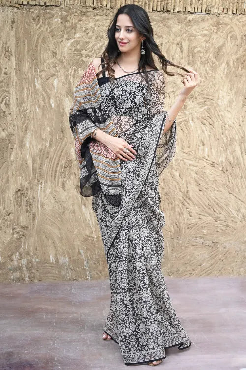 Bagru Statements : Hand Block Printed Kota Doria Saree - Bagh-E-Rust