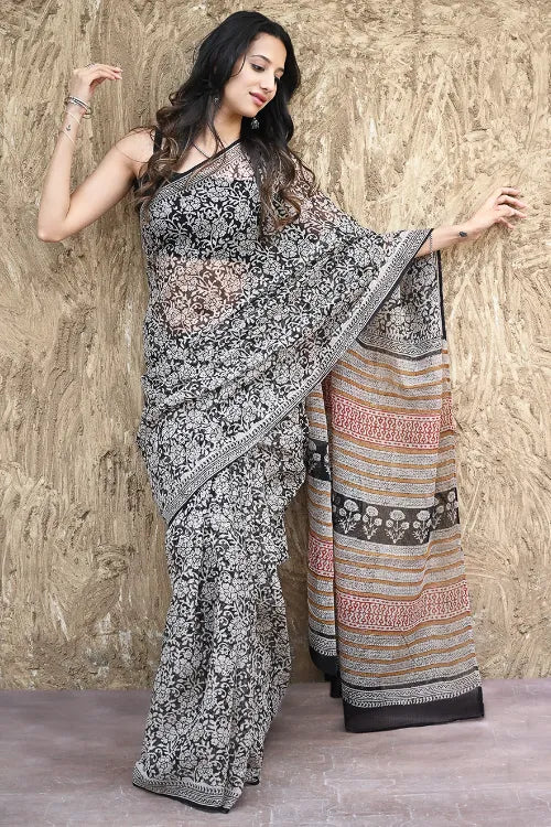 Bagru Statements : Hand Block Printed Kota Doria Saree - Bagh-E-Rust