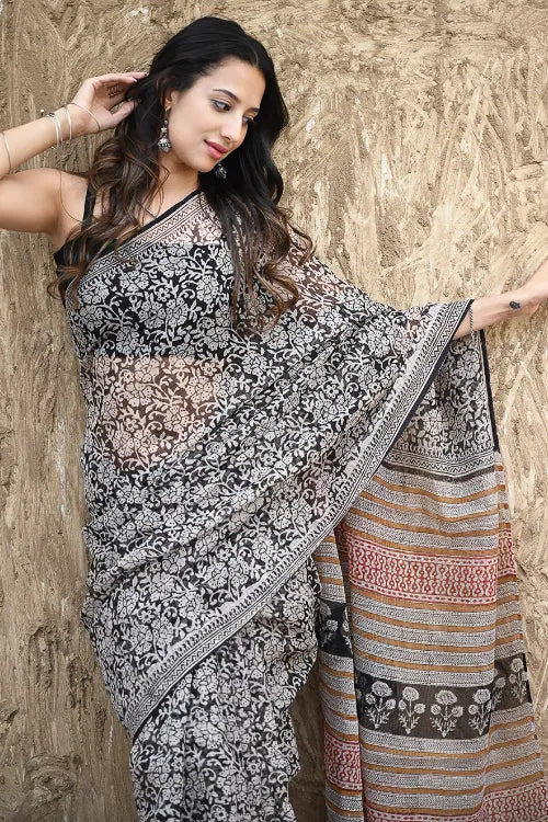 Bagru Statements : Hand Block Printed Kota Doria Saree - Bagh-E-Rust