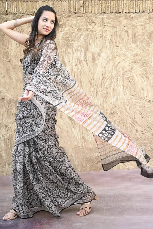 Bagru Statements : Hand Block Printed Kota Doria Saree - Bagh-E-Rust