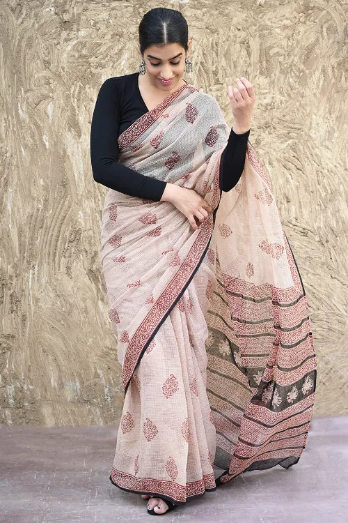 Bagru Statements : Hand Block Printed Kota Doria Saree - Surkh Resham Hawa