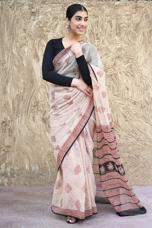 Bagru Statements : Hand Block Printed Kota Doria Saree - Surkh Resham Hawa
