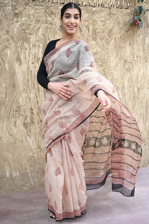 Bagru Statements : Hand Block Printed Kota Doria Saree - Surkh Resham Hawa