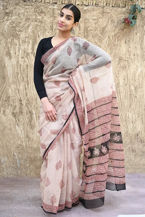 Bagru Statements : Hand Block Printed Kota Doria Saree - Surkh Resham Hawa