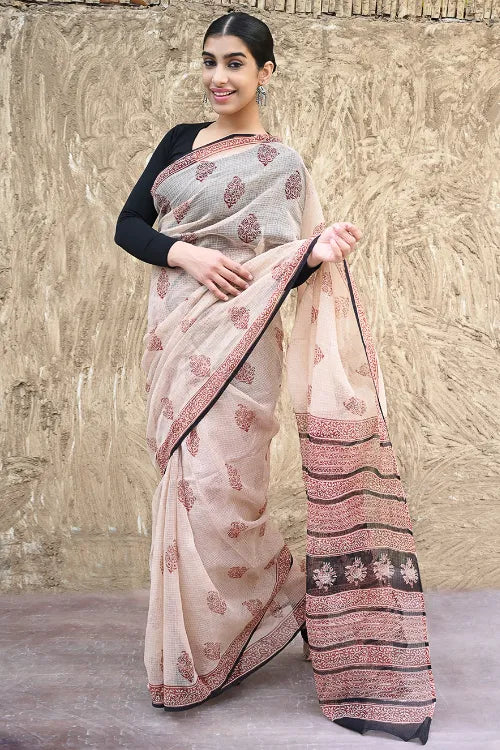 Bagru Statements : Hand Block Printed Kota Doria Saree - Surkh Resham Hawa