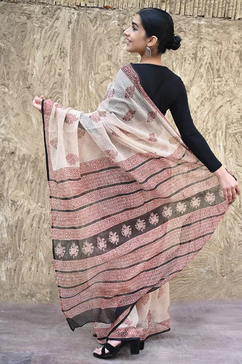 Bagru Statements : Hand Block Printed Kota Doria Saree - Surkh Resham Hawa