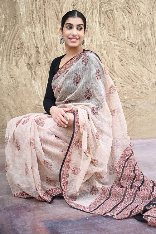 Bagru Statements : Hand Block Printed Kota Doria Saree - Surkh Resham Hawa