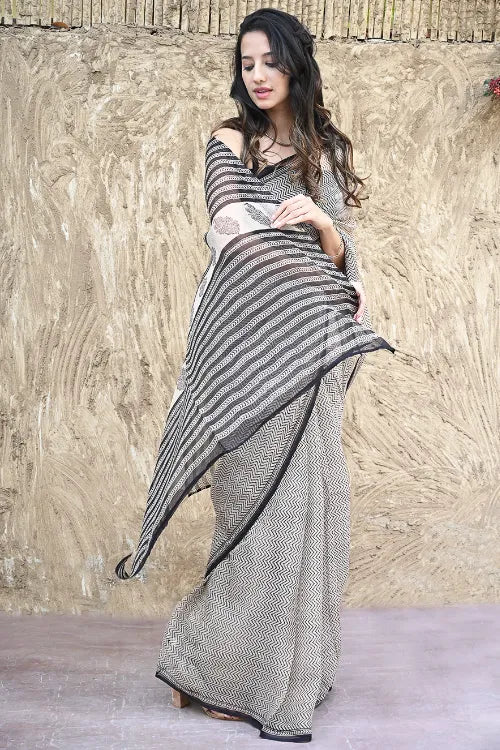 Bagru Statements : Hand Block Printed Kota Doria Saree - Chevron Neutrals