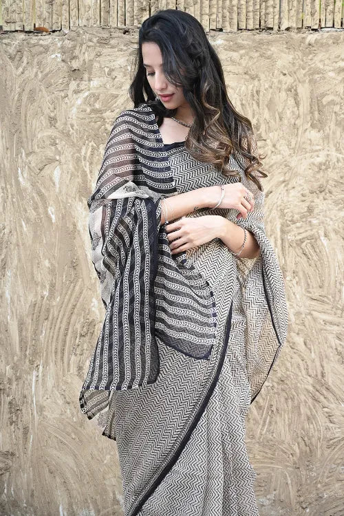 Bagru Statements : Hand Block Printed Kota Doria Saree - Chevron Neutrals