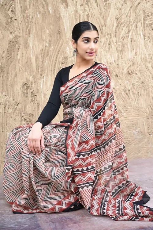 Bagru Statements : Hand Block Printed Kota Doria Saree - Bold Zigzags