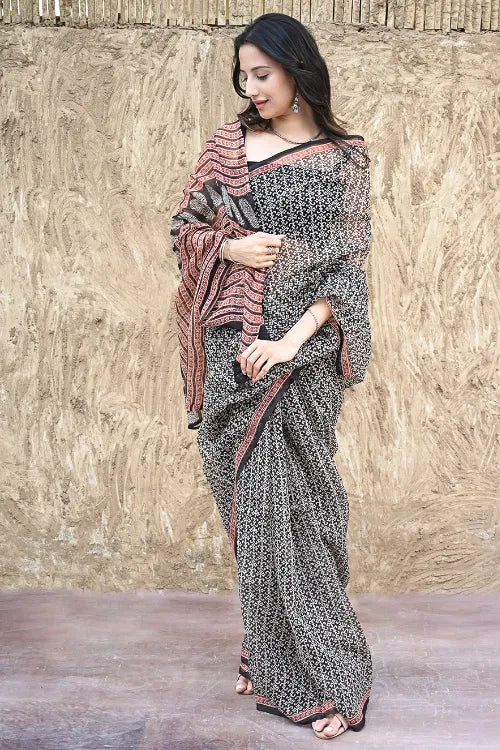 Bagru Statements : Hand Block Printed Kota Doria Saree - Palace Noir