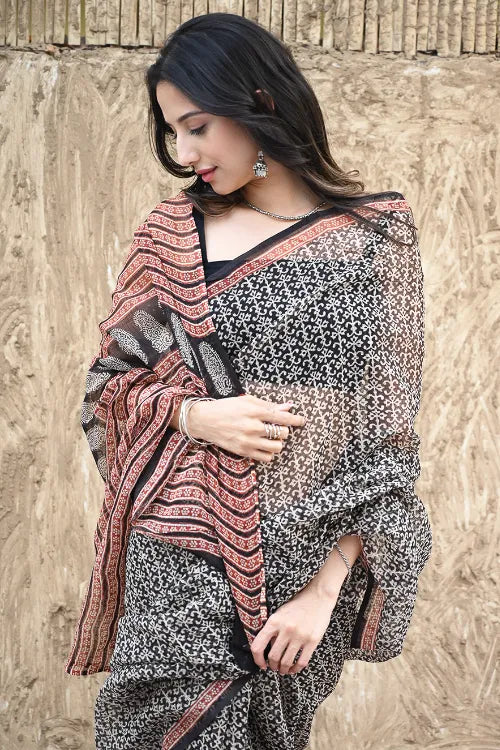 Bagru Statements : Hand Block Printed Kota Doria Saree - Palace Noir