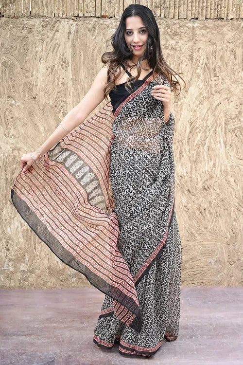 Bagru Statements : Hand Block Printed Kota Doria Saree - Palace Noir