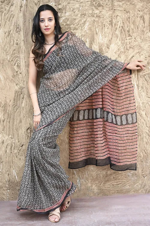 Bagru Statements : Hand Block Printed Kota Doria Saree - Palace Noir
