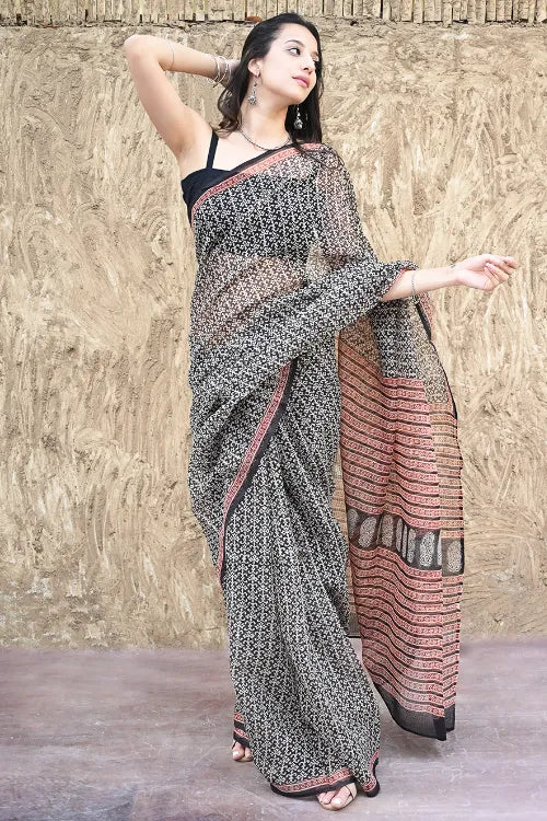 Bagru Statements : Hand Block Printed Kota Doria Saree - Palace Noir