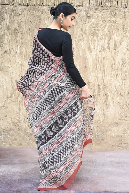 Bagru Statements : Hand Block Printed Kota Doria Saree - Kairi Angan
