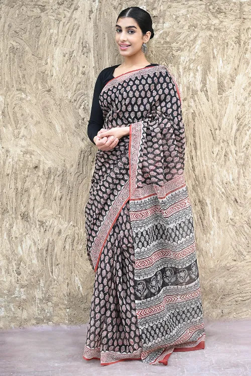 Bagru Statements : Hand Block Printed Kota Doria Saree - Kairi Angan