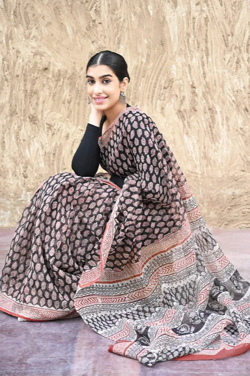 Bagru Statements : Hand Block Printed Kota Doria Saree - Kairi Angan